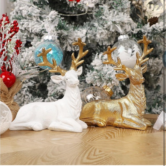 2 Resin Golden & White Reindeer🦌Lying Tabletop Decorations Figurines - Picture 8 of 9